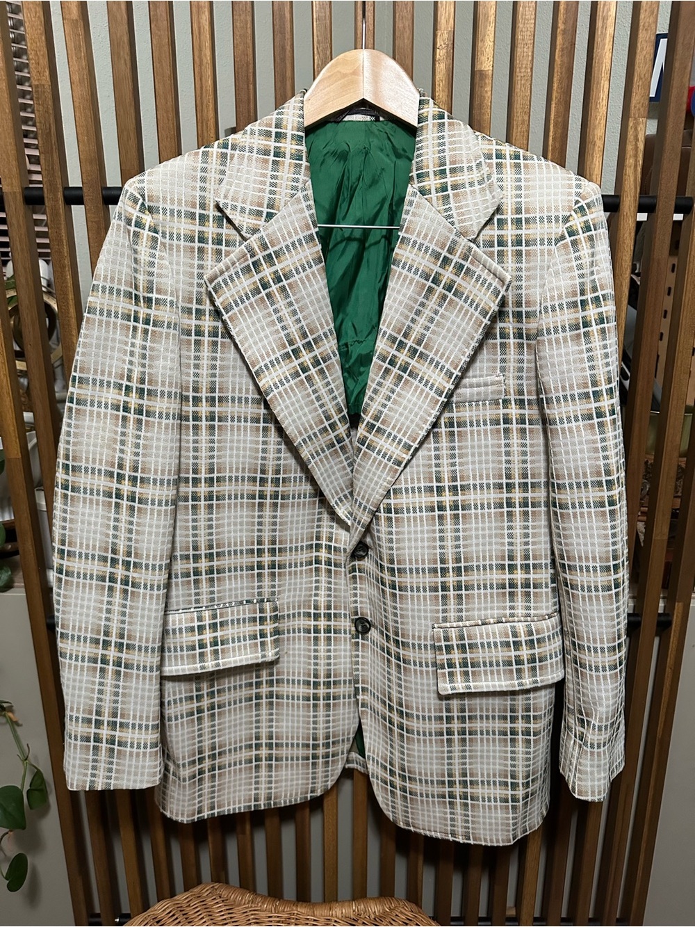 VTG 70s Sears Kings Road Travel Knit Plaid Blazer Sport Coat Green Lining